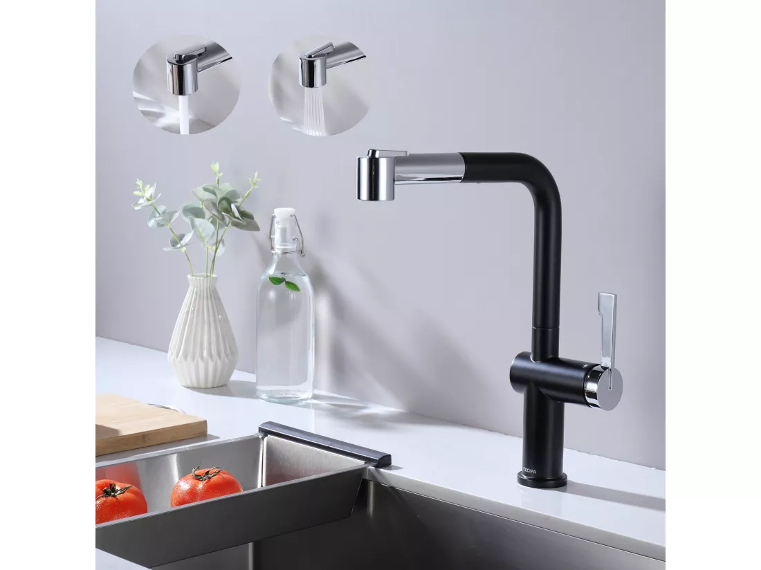 Cecipa max Mitigeur de Cuisine Extractible - Robinet Cuisine à 2 Jets 360 Rotatif - Mitigeur Evier avec Douchette Noir + Galvanique,EU Modèle