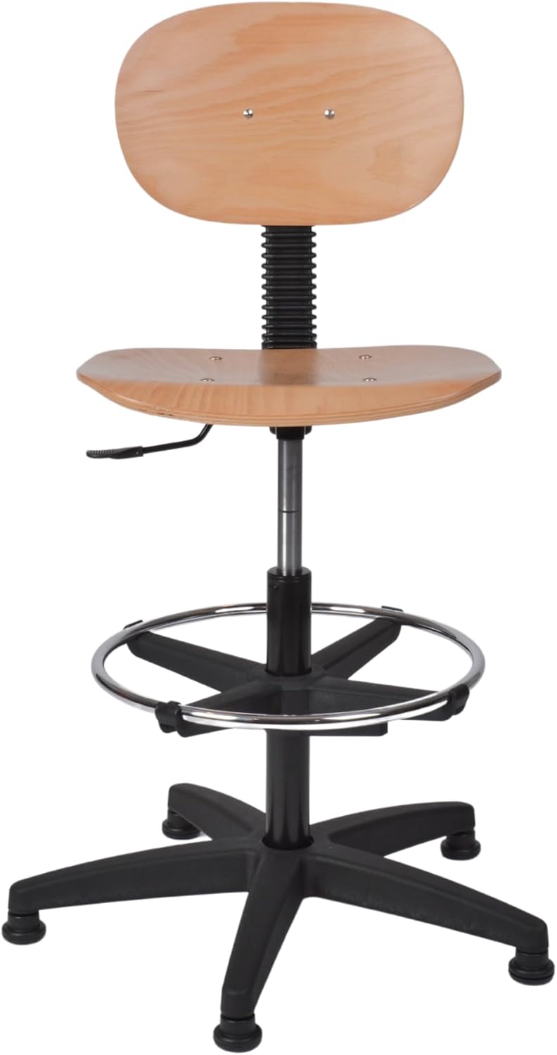 Topsit Arbeitsstuhl IND114 aus Holz, Buche klar lackiert, Laborstuhl, Stufenlose Sitzhöhenverstellung mit Toplift, Verchromter Fußring, Kunststoff-Fußkreuz mit Füßen.