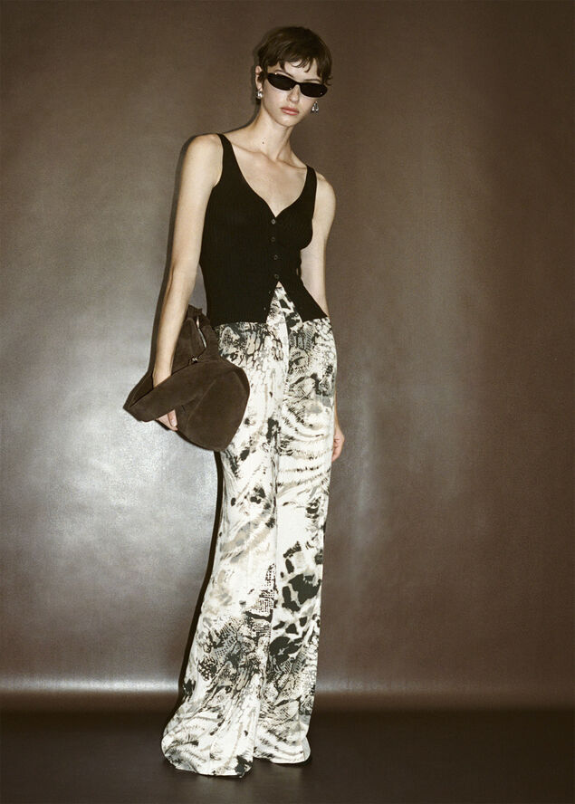MANGO Fluid animal print trousers Light beige