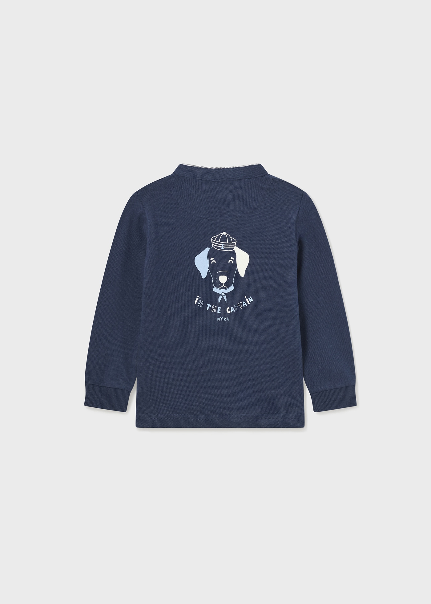 Camisa polo infantil de manga comprida com gola mandarim em algodão.