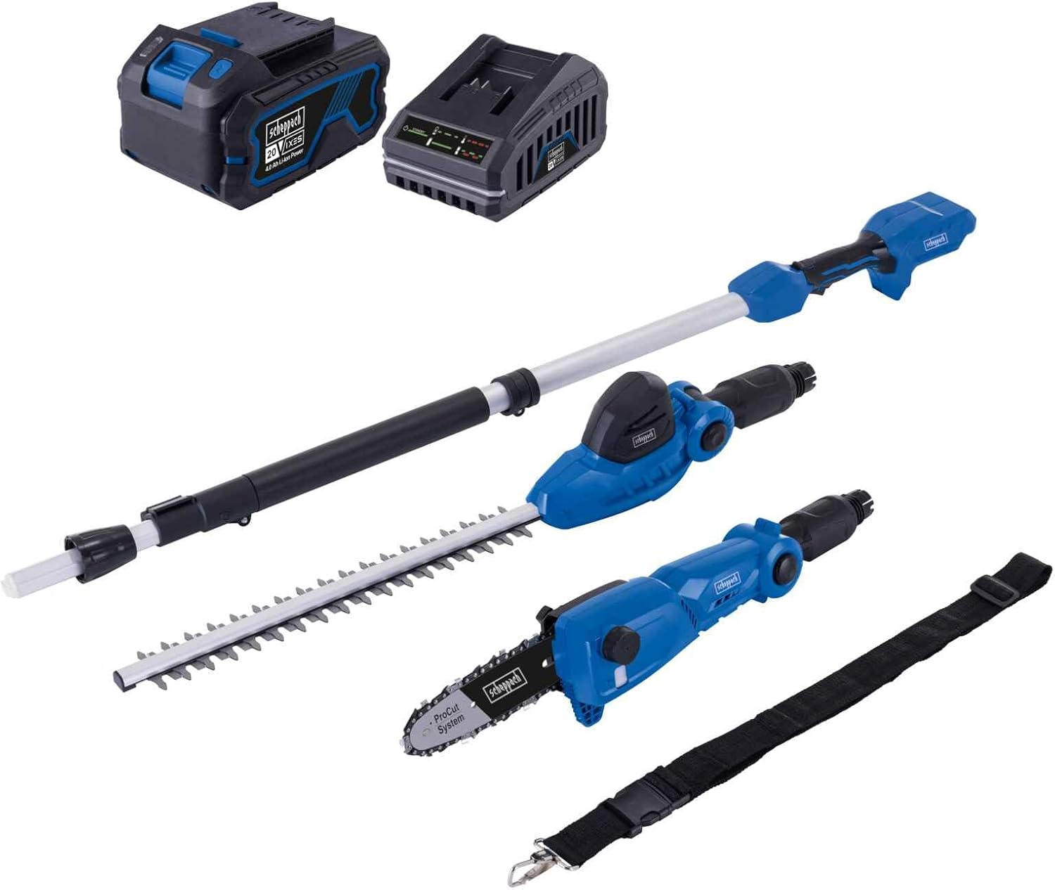 Scheppach Akku Multifunktionsgerät C-PHTS410-X 2in1 | Schnittlänge Heckenschere & Hochentaster 410/180mm | Schultergurt & Teleskopstange | 20V-IXES-Serie | 10 Jahre Garantie | mit 4Ah Akku & Ladegerät