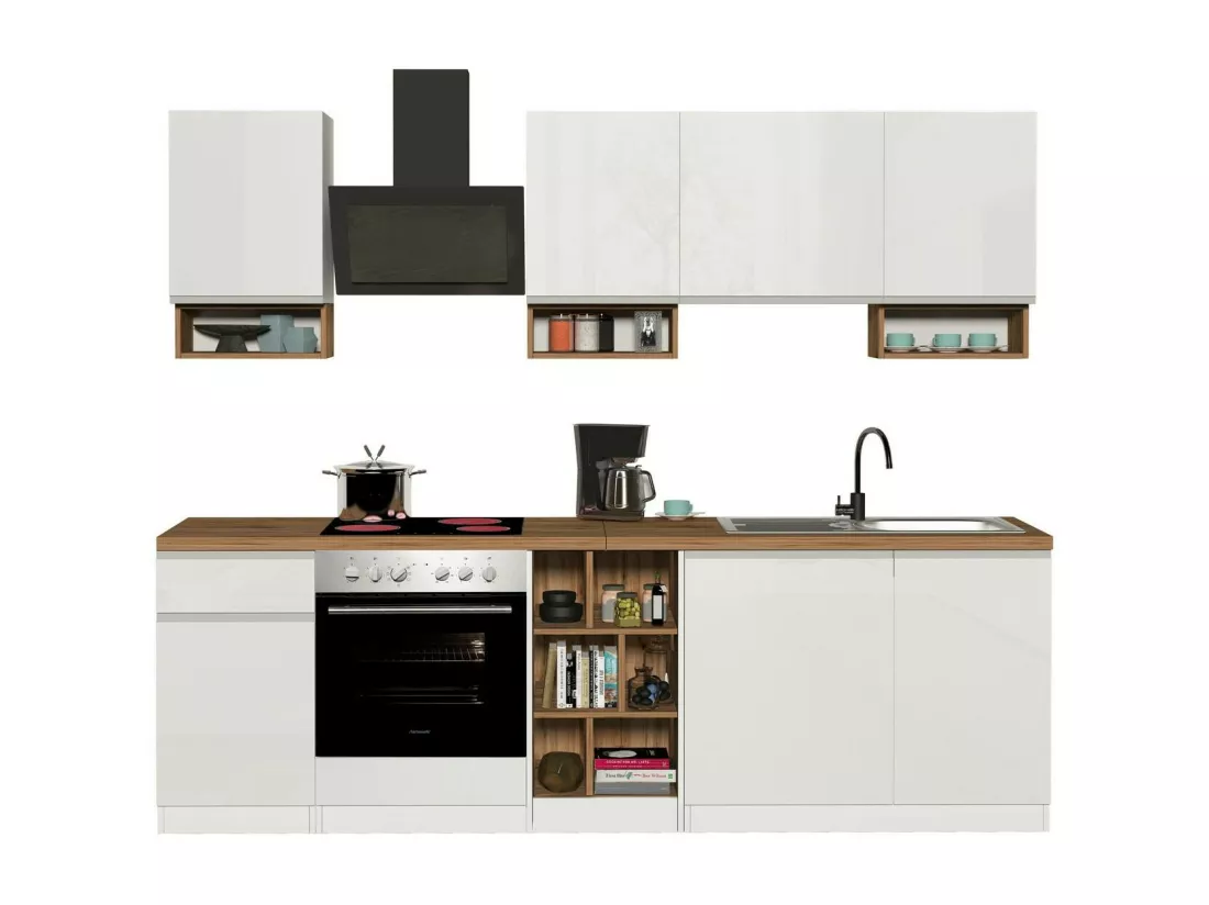Cuisine complète Dcelient, Ensemble avec garde-manger, Meuble de kitchenette, Kit bloc linéaire, 100% Made in Italy, 255x60h85 cm, Blanc brillant et chêne