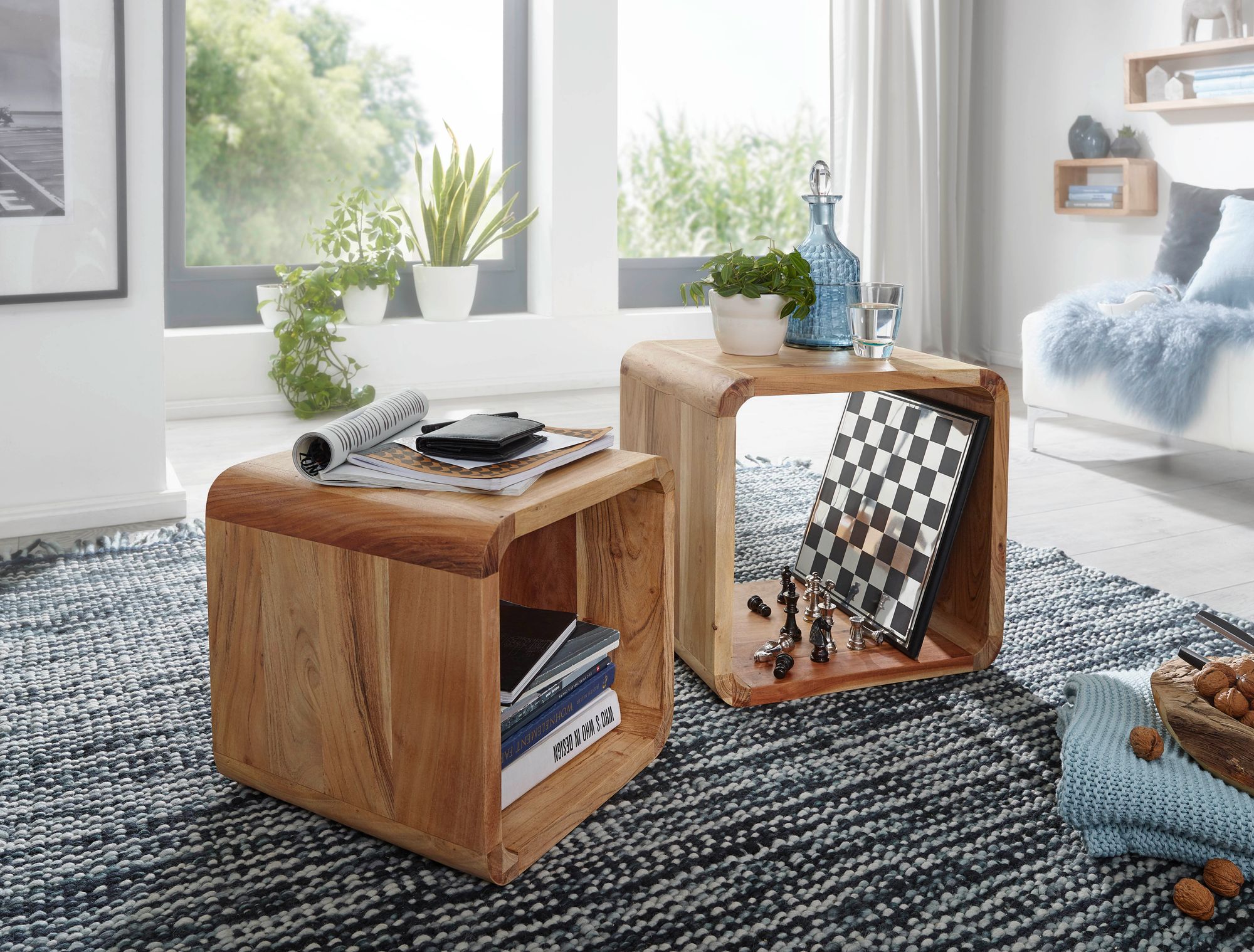 FineBuy 2er Set Satztisch Massivholz Wohnzimmertisch Landhaus Cube Beistelltisch