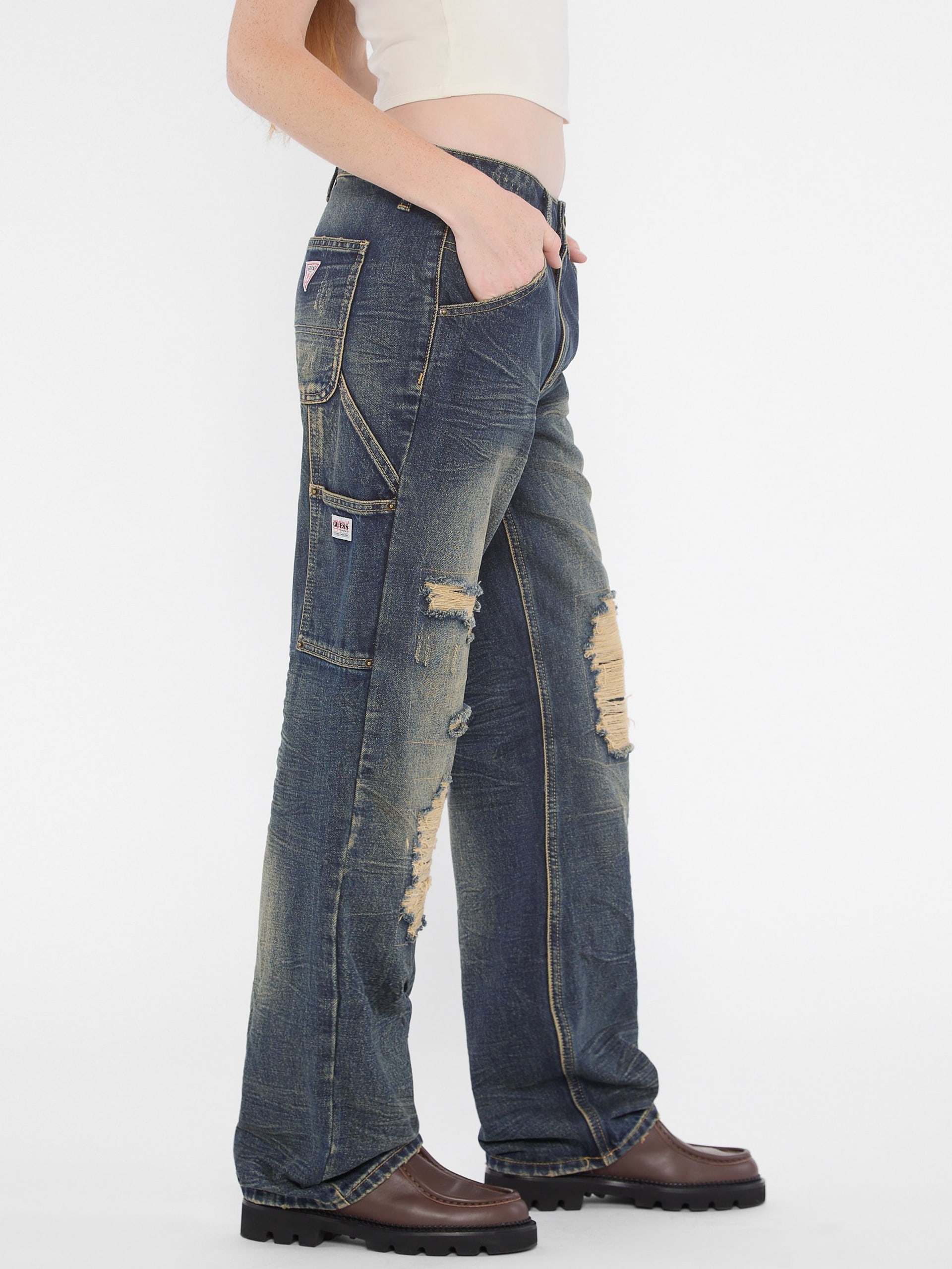 Calça jeans GUESS Originals estilo carpinteiro com efeito desgastado