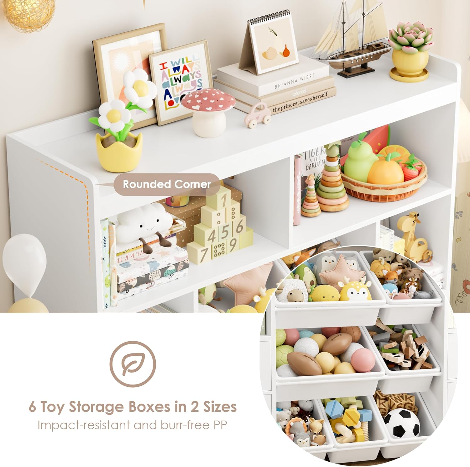 HOCSOK Kinderregal mit Boxen auf Rollen, Kinderbücherregal mit 4 Ablagefächern, Spielzeugregal Kinderzimmer für Schlafzimmer Kindergarten, Weiß, 122x118x30cm