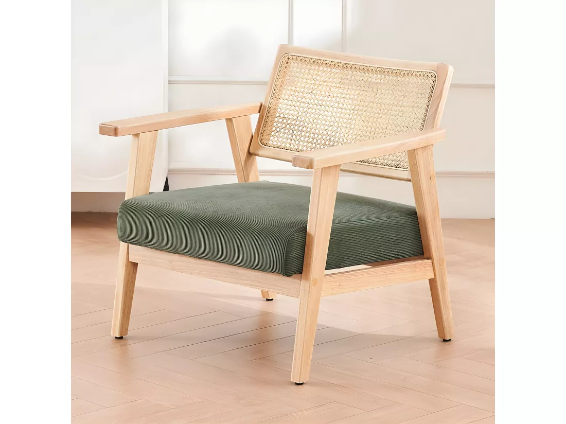 Fauteuil en velours côtelé vert et cannage naturel - Tim