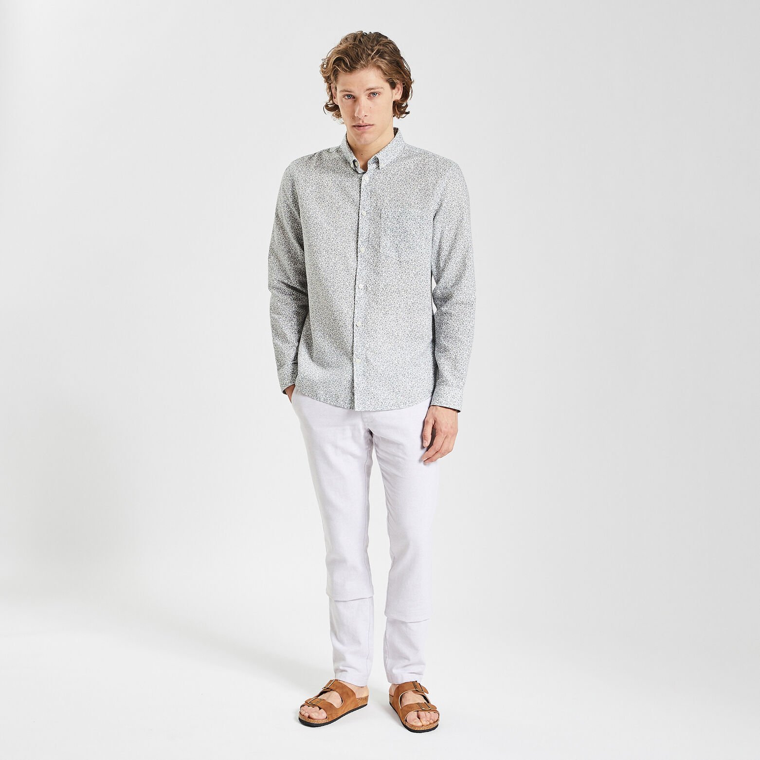 Chemise regular imprimé fleur coton lin Blanc