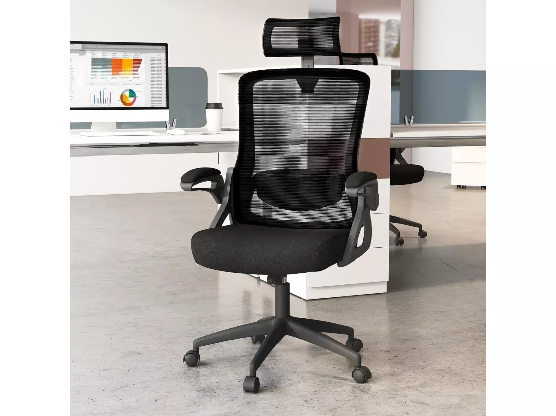 Chaise de Bureau Ergonomique, Chaise Pivotante avec Soutien Lombaire Ajustable & Dossier Basculant en Maille, Chaise d’Ordinateur avec Appuie-tête Ajustable et Accoudoirs Rabattables (Noir)