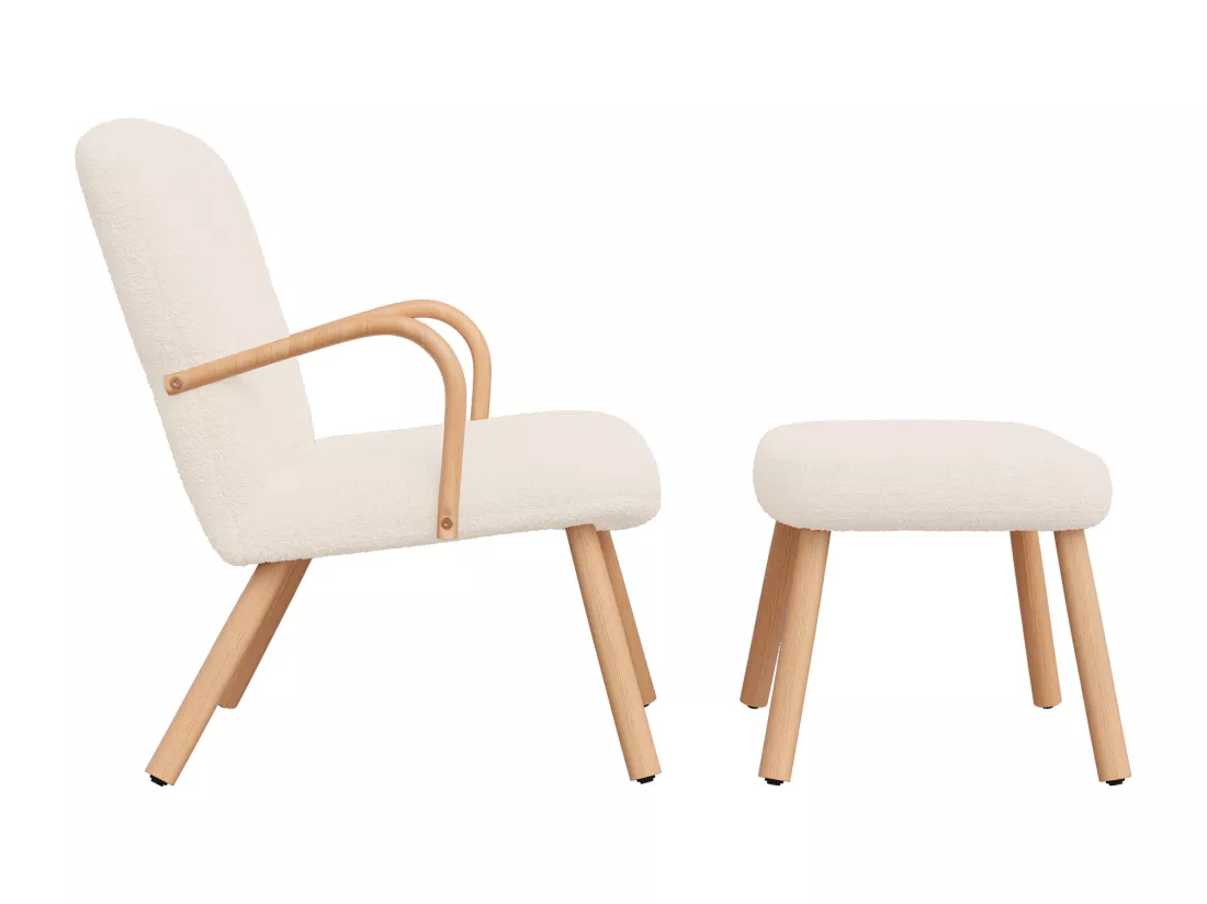 Ensemble 2 pièces, ensemble de chaises sherpa avec tabouret, design élégant, blanc