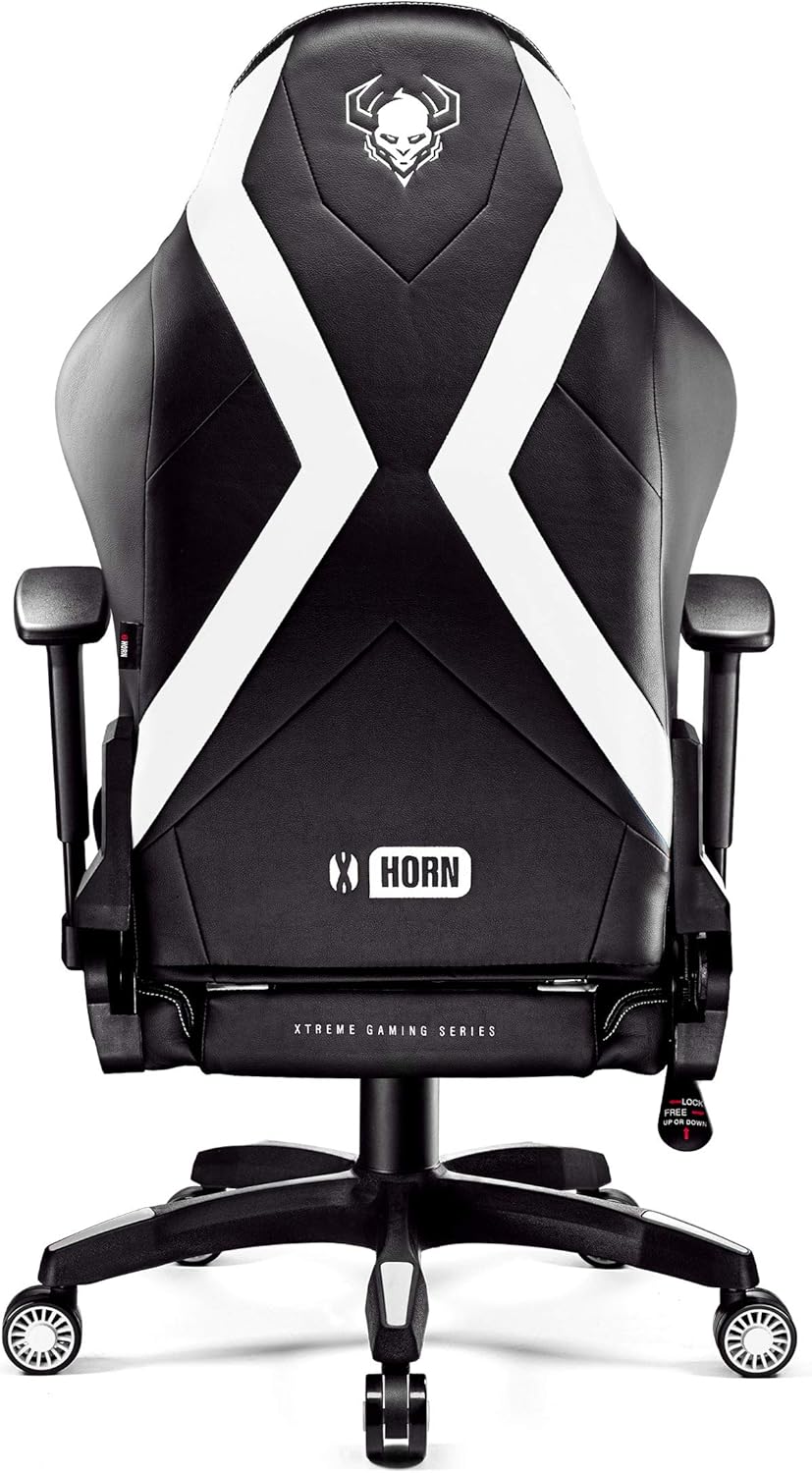 Diablo Gaming Stuhl X-Horn 2.0 Bürostuhl Gamer Chair Schreibtischstuhl 3D Armlehnen Ergonomisches Design Nacken/- Lendenkissen Kunstleder Wippfunktion Schwarz-Weiß Normal (L)