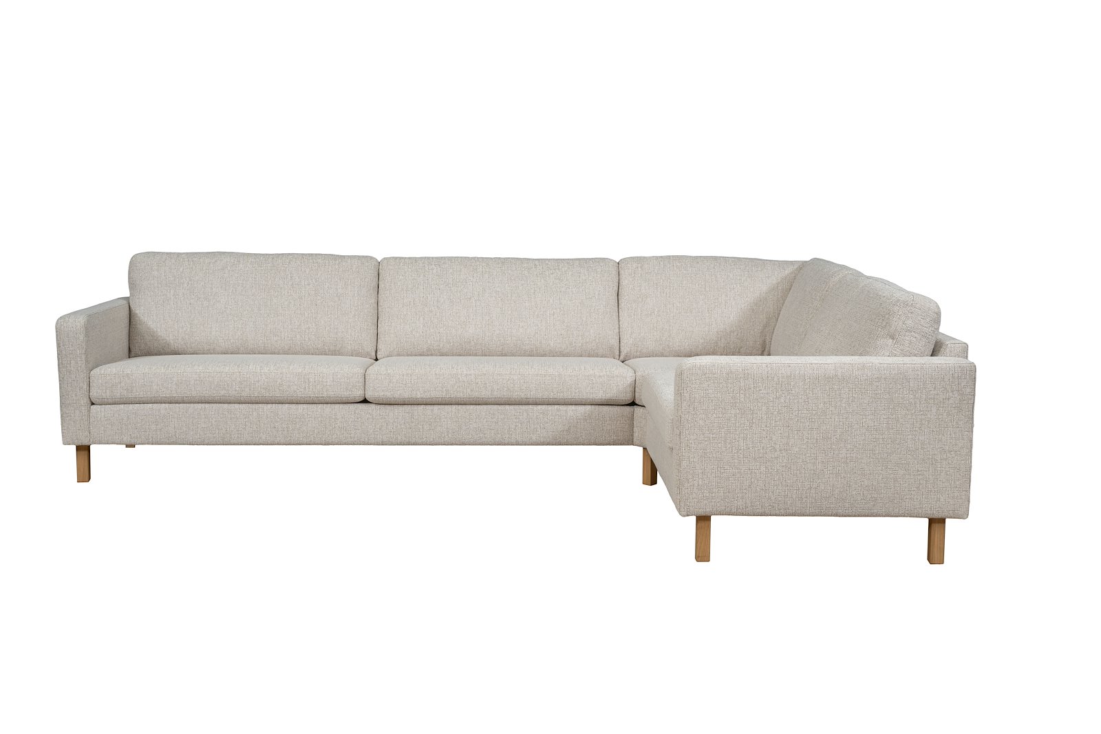 Mandal hjørnesofa Oppsett L. 3,5-seter, hjørnemodul, 1,5-seter Big. Tekstil Nivus 203 Lin Creme. Arm 16, Duo puter, Firkantet ben 16 cm Natur. Skum