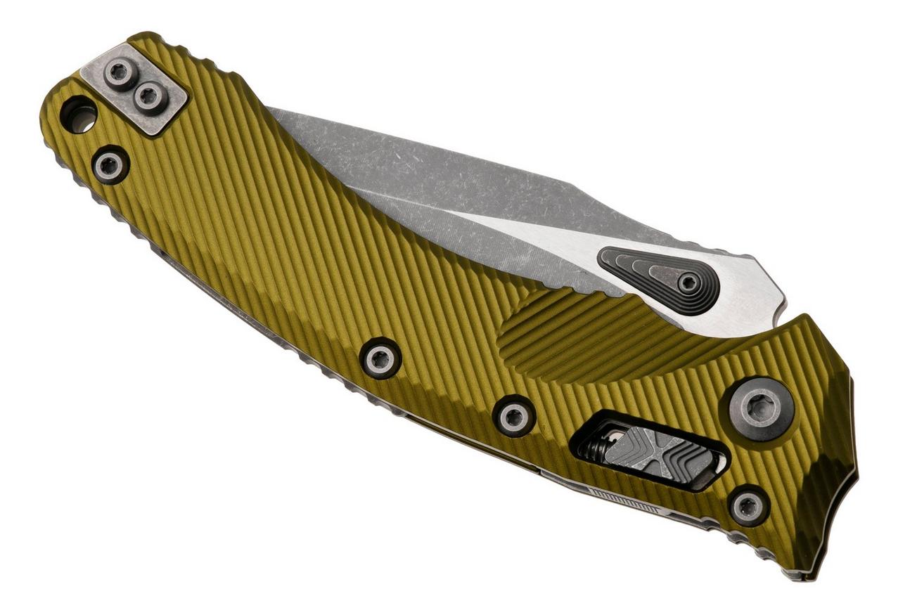 Microtech Amphibian 137RL-11APFLOD, Apocalyptic Stonewashed M390MK, Fluted OD Green Aluminum, partial serrated zakmes