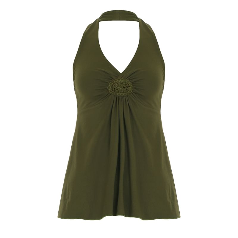 Honet - Halter V-hals effen geborduurde tanktop met open rug en losse pasvorm