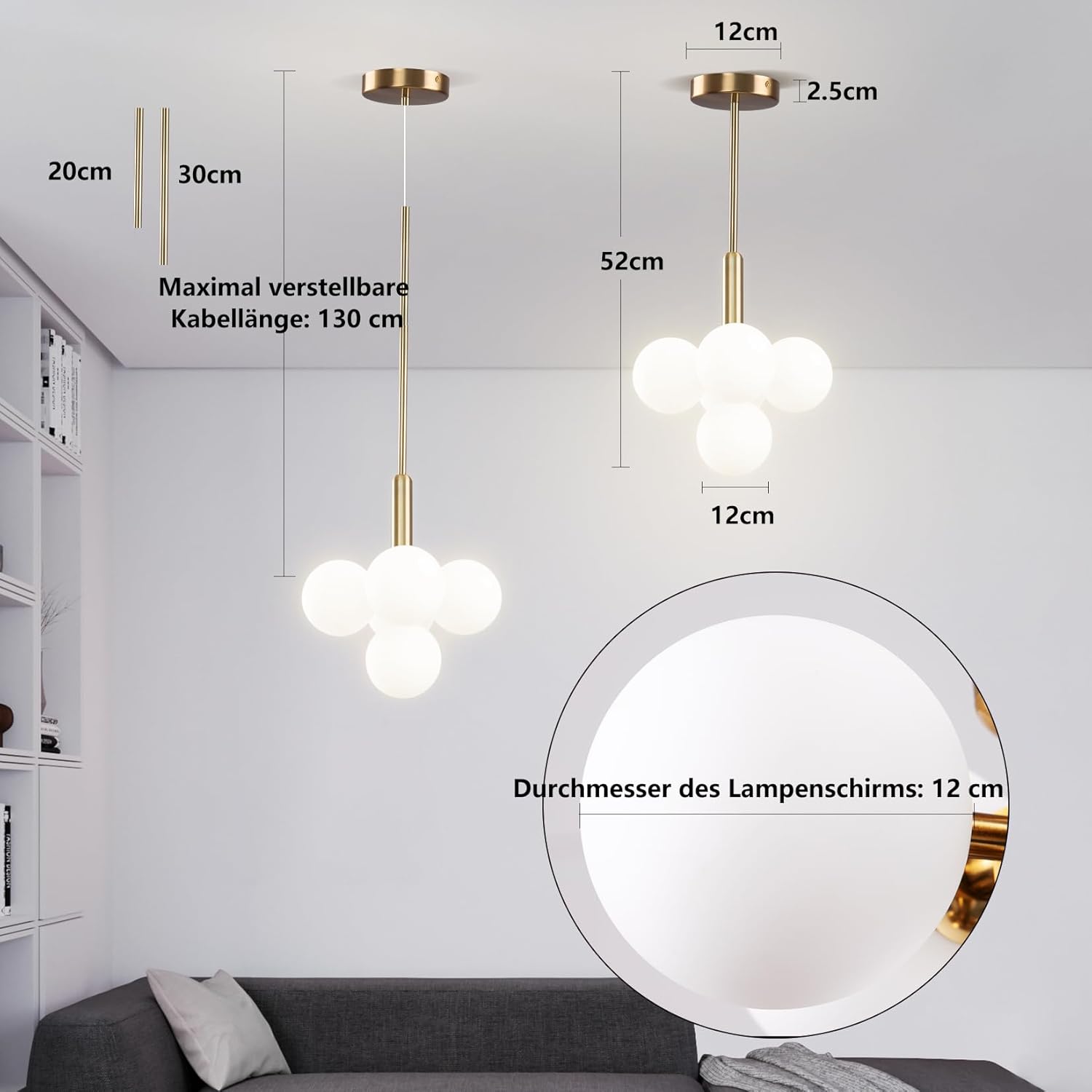 Moderne Gold Kronleuchter,Weißem Glas Globe Pendelleuchten, 5-flammiges Design,Verstellbare Vintage Hängeleuchte,Halbeinbau Deckenleuchte,Geeignet für Flur,Esszimmer und Küche