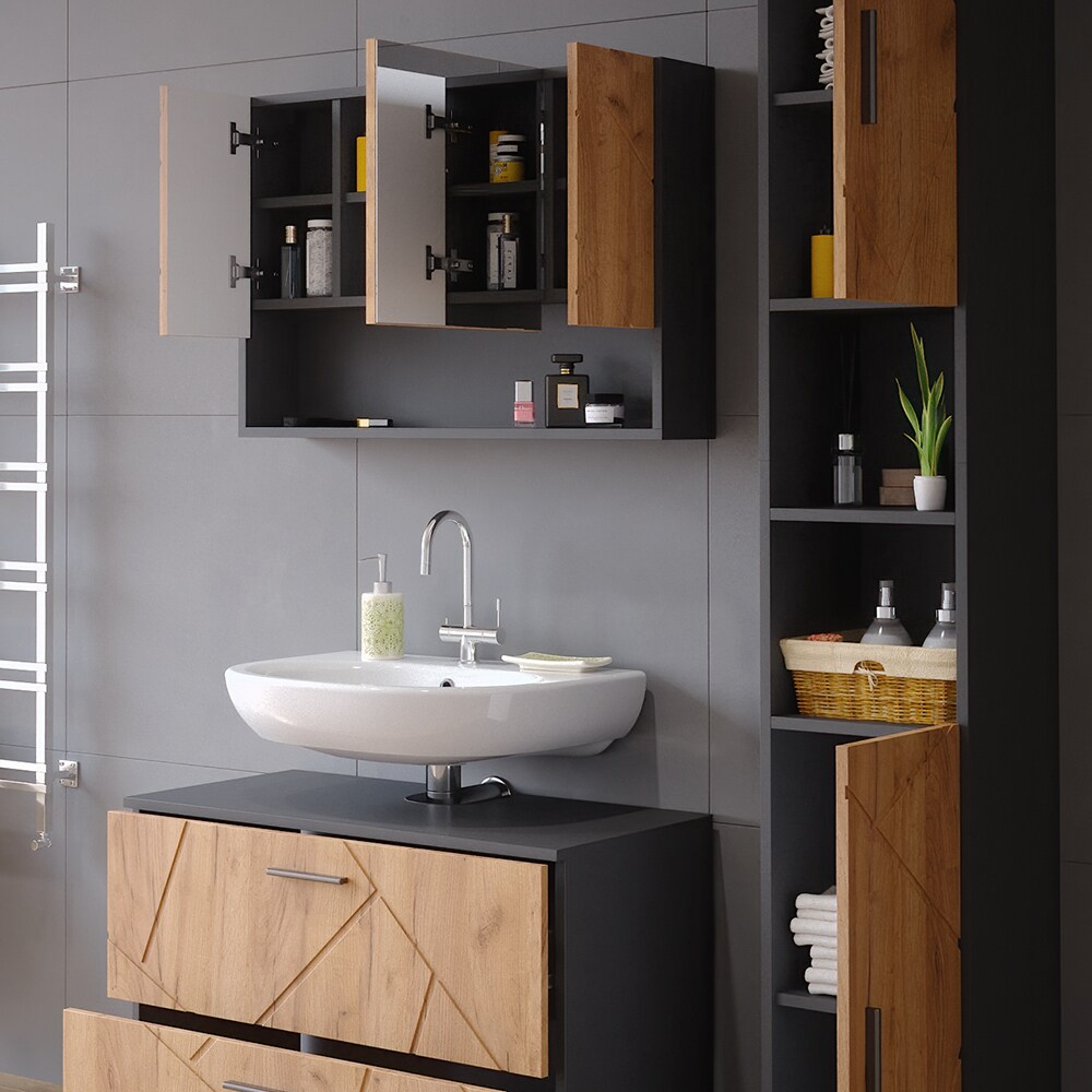 Vicco Badmöbelset Irma Anthrazit Eiche modern 80 cm 30 cm Badezimmerschrank Badschrank Badezimmermöbel Waschtischunterschrank Spiegelschrank Hochschrank Schranktür Schrankfach Schrankschublade