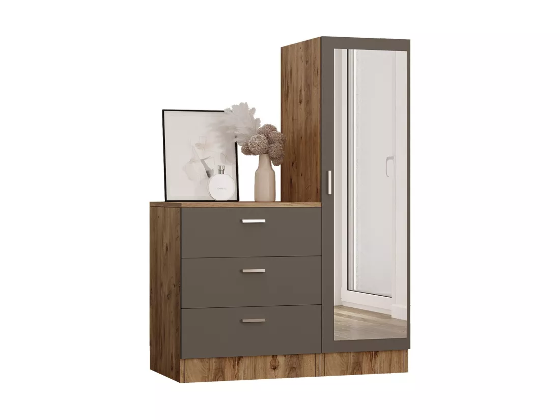 Armoire et commode polyvalente blanche, gris et noyer Dreka 100cm