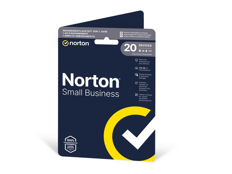 Norton Small Business 2.0 ESD, 20 Dev., 1yr, 250GB Cloud Sp Norton Small Business: hochleistungsfähige Cybersicherheit für Ihr Team