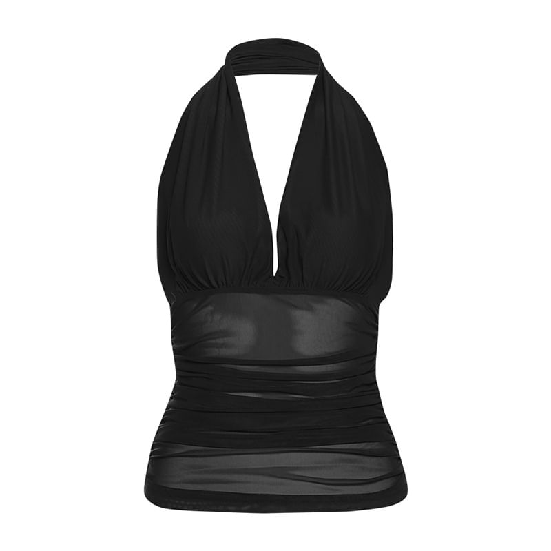 Sugarcoat - Halter V-hals effen transparante open rug slim-fit crop tanktop