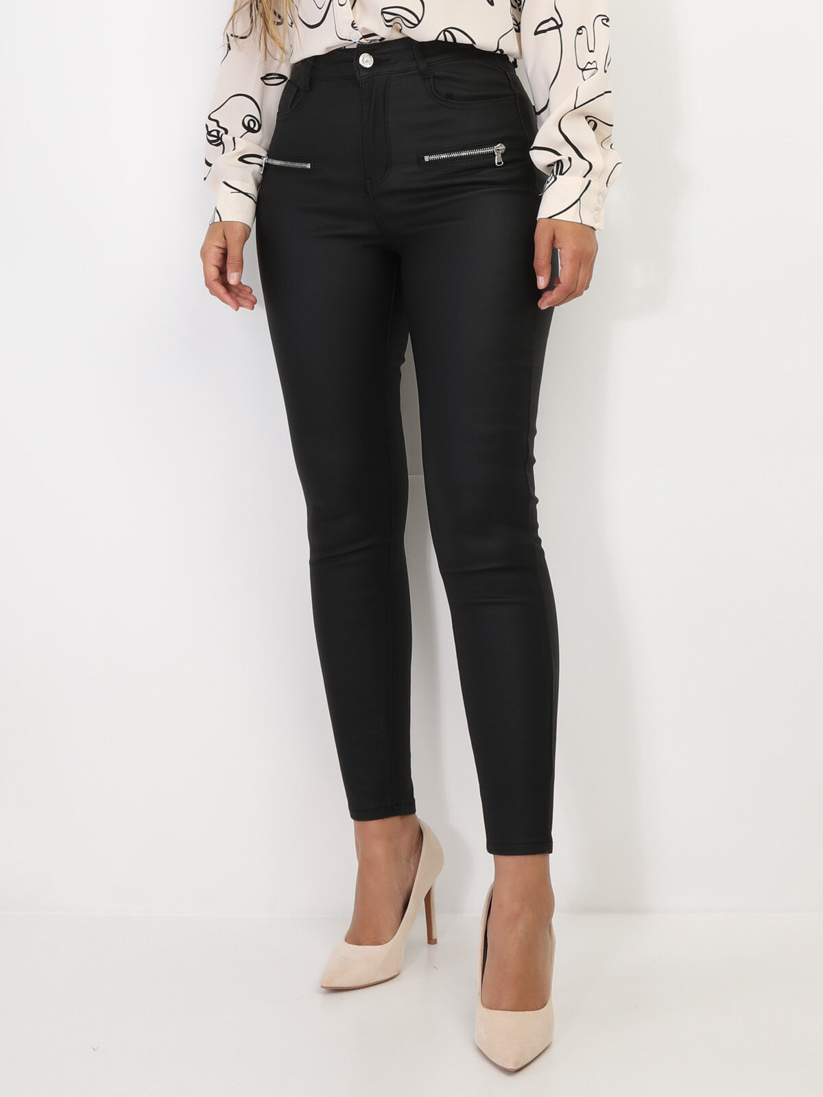 Pantalon slim à zips métalliques- Noir
