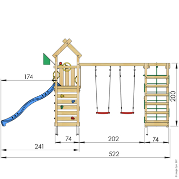 Speeltoestel Jungle Gym Nomad grenen geïmpregneerd met glijbaan blauw en 2-klimrek module