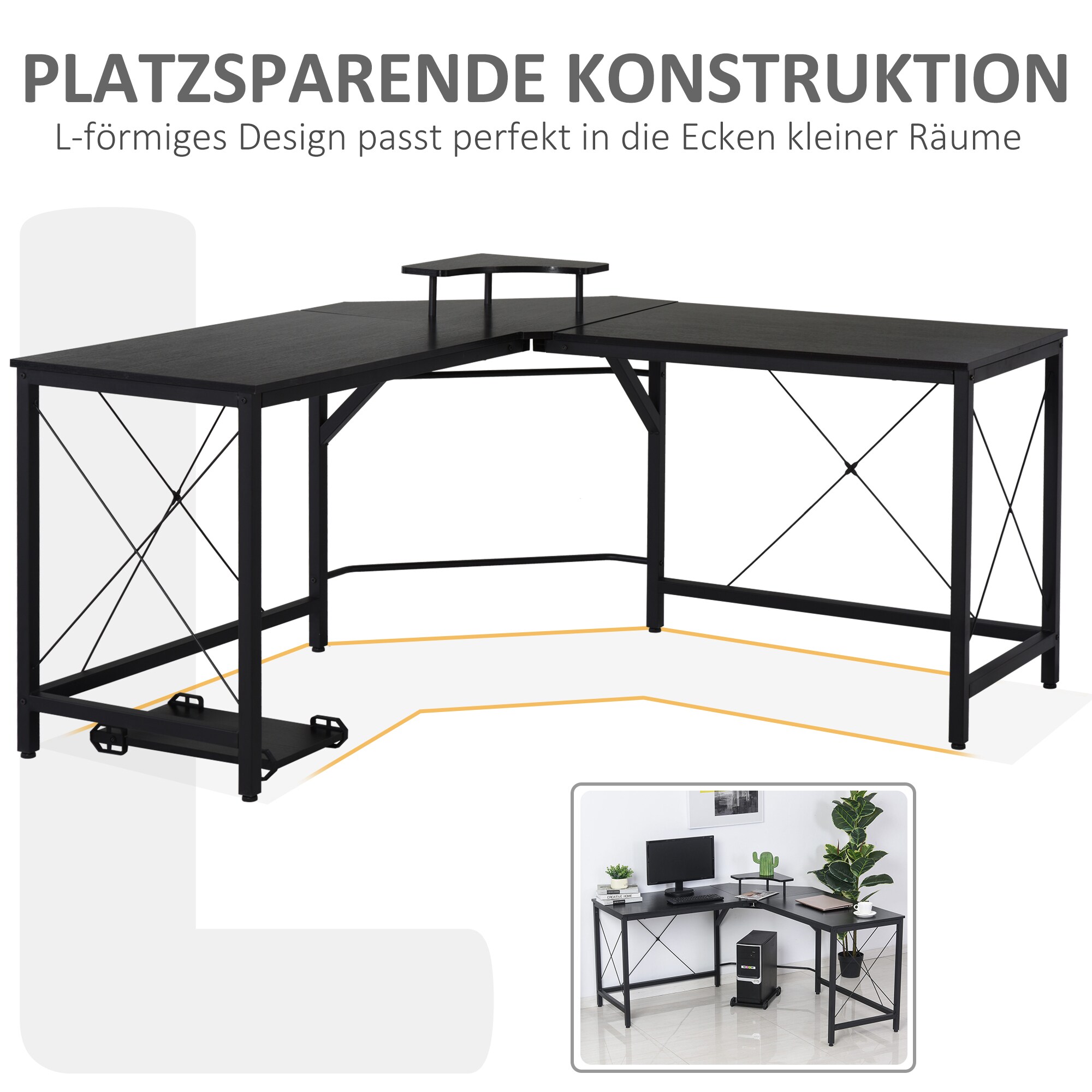 HOMCOM Eckschreibtisch mit Monitorablage schwarz 150L x 150B x 76H cm
