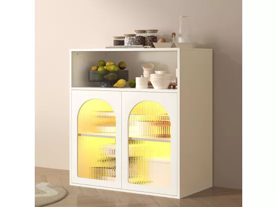 Buffet Meuble de rangement avec portes vitrées LED pour cuisine salon Blanc
