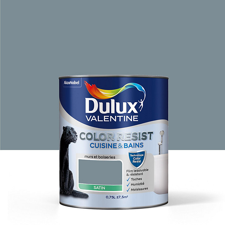 Peinture cuisine et salle de bains Dulux Valentine Color Resist bleu gris satin 0,75L