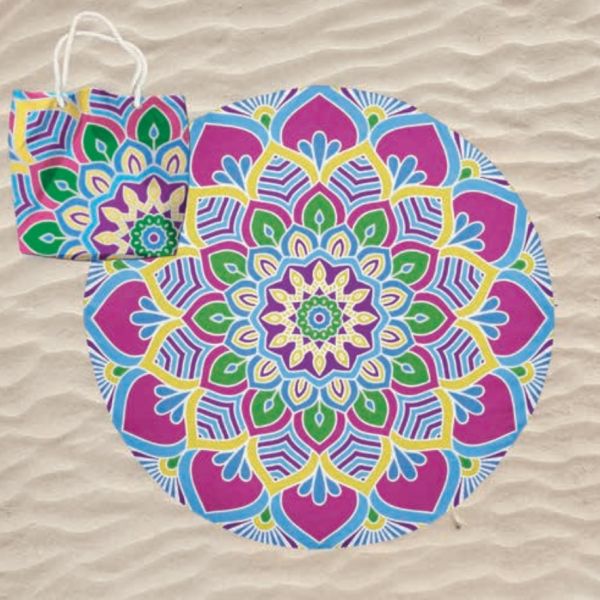 Toalha de Praia Microfibra Redonda Mandala Lótus Multicolorida com Saco 180 cm