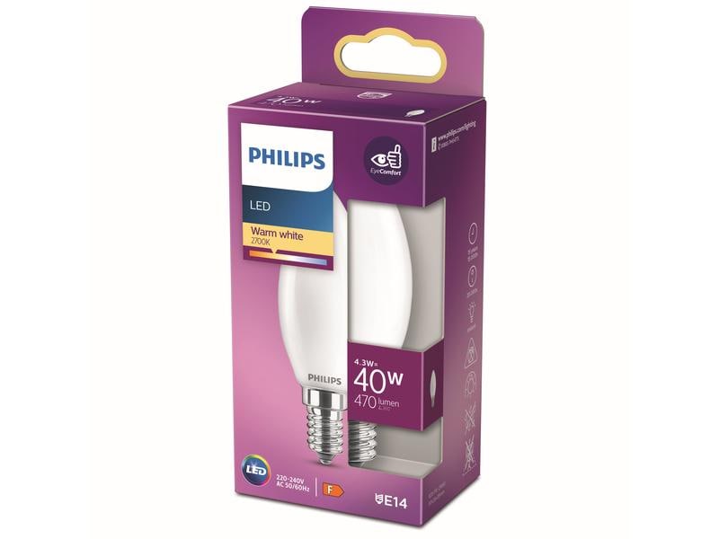 Philips Lampe LEDcla 40W E14 B35 WW FR ND Warmweiss Leuchtmittel B35 mit matter Oberfläche