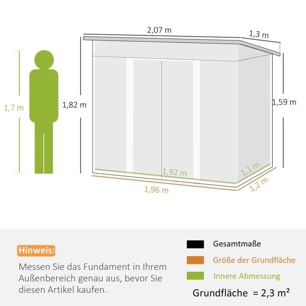Redskapsbod i metall 2,3 m² 207 x 130 x 182 cm med takvindu gulvramme grønn