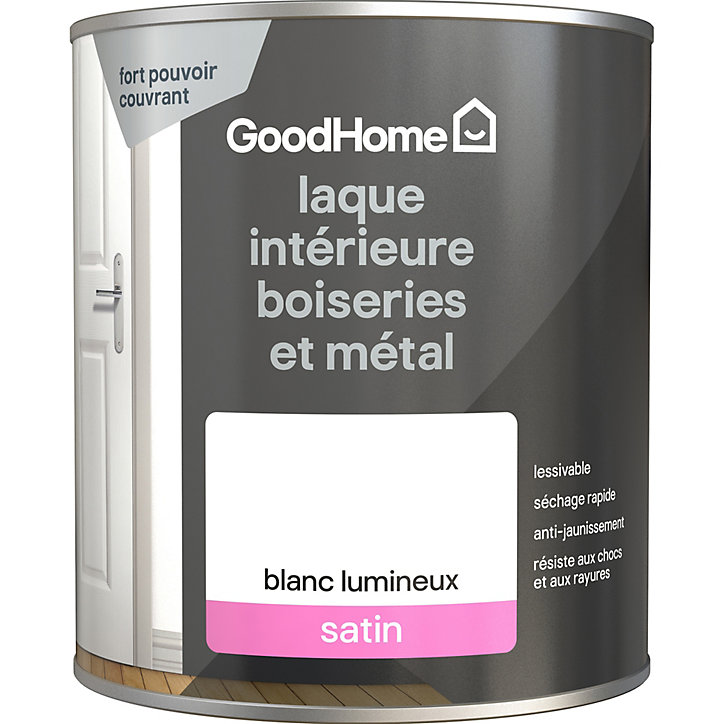 Laque haute résistance boiseries et métal GoodHome satin blanc 750ml