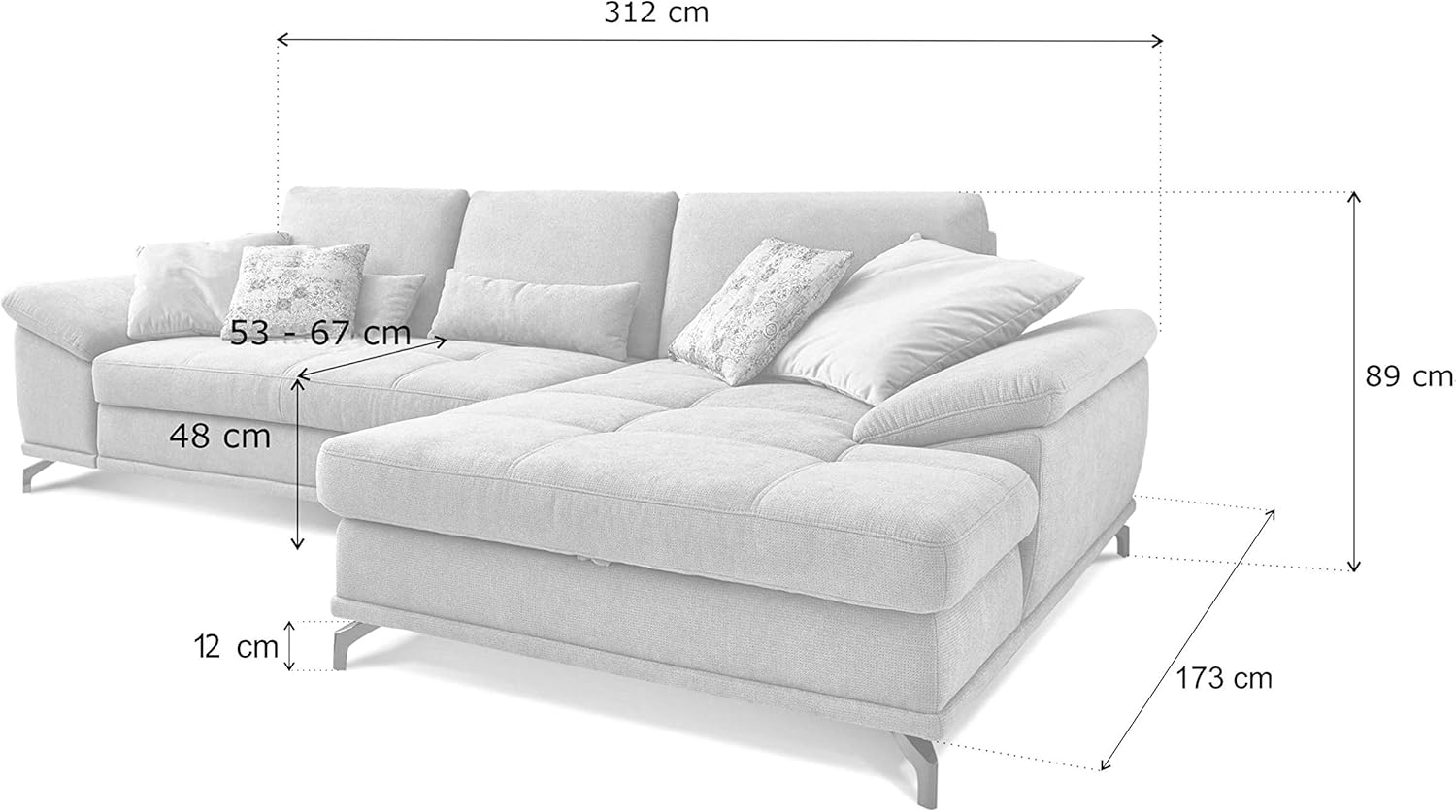 Cavadore Ecksofa Castiel mit Federkern / Großes Sofa in L-Form mit Sitztiefenverstellung und XL-Longchair / 312 x 89 x 173 / Webstoff, Grau