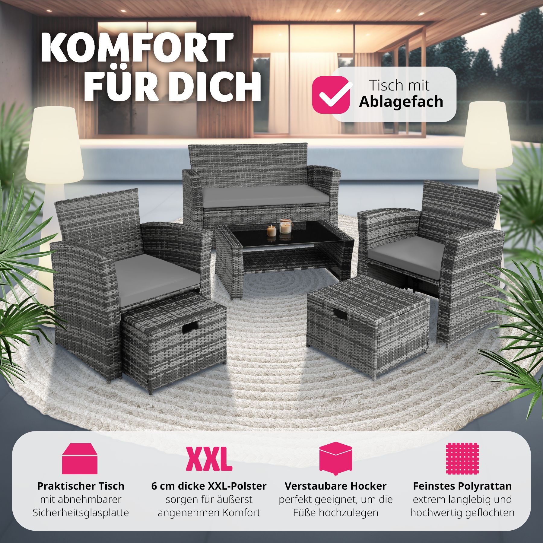tectake® Rattan Sitzgruppe, für 4 bis 6 Personen, UV-beständig, inklusive Staufach und Schutzhülle
