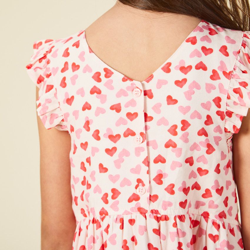 Robe manches courtes imprimé cœurs pour fille - Ecru