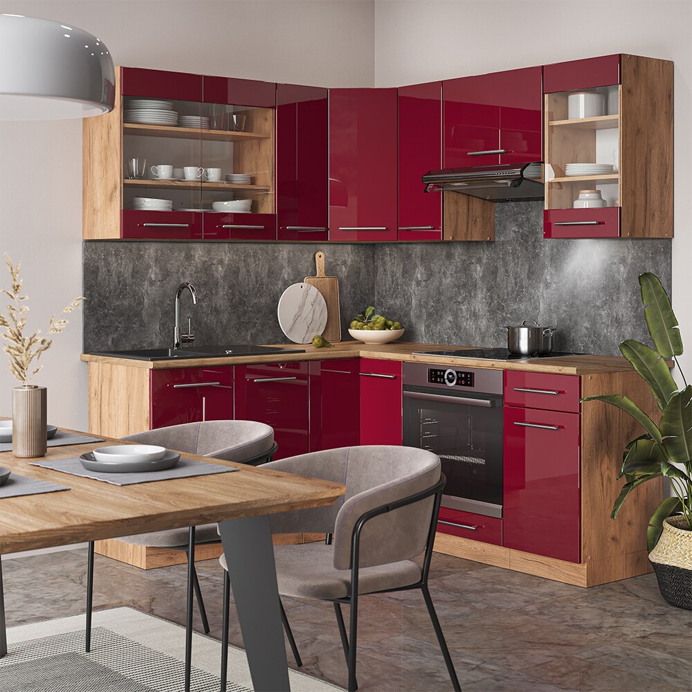 Vicco Eckküche Küchenzeile Einbauküche Fame-Line Eiche Bordeaux Rot 190 cm modern Schubunterschrank Spülenunterschrank Eckunterschrank Herdumbauschrank Hängeglasschrank Hängeschrank Hochglanz