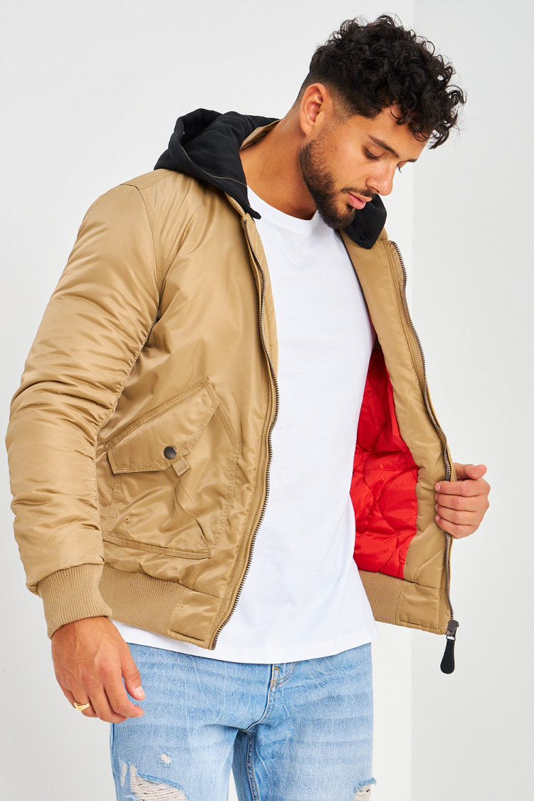 Bomber épais beige foncé avec capuche noire en coton amovible