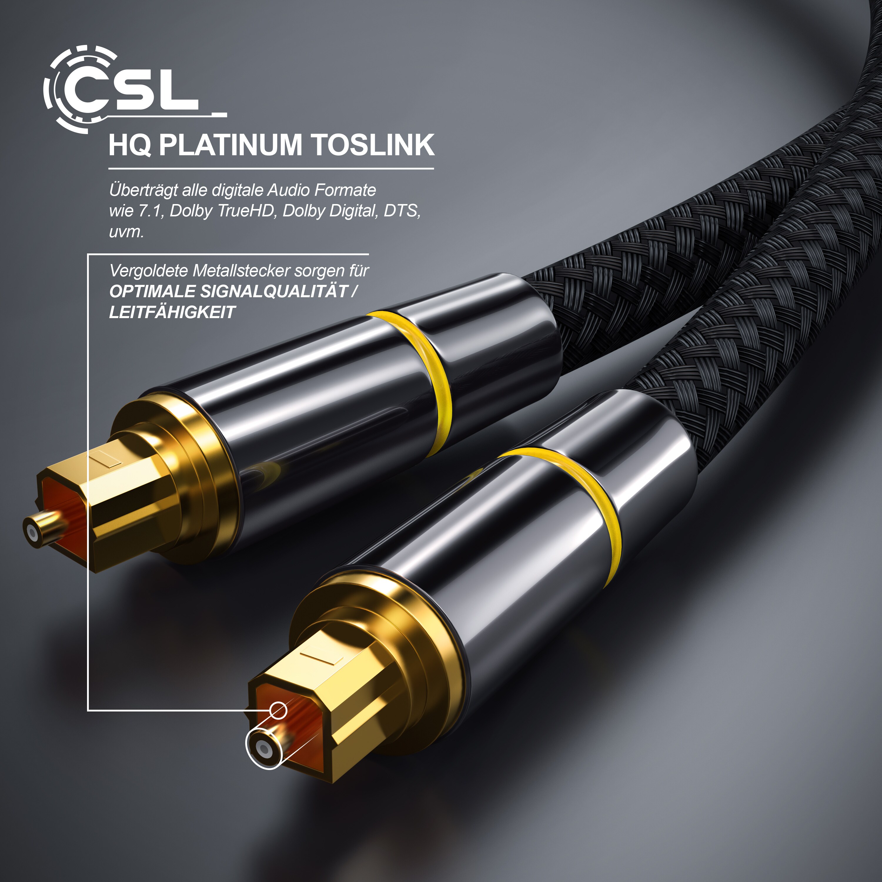CSL Optisches-Kabel, S/PDIF, Toslink, Metallstecker, Nylonmantel, Lichtwellenleiter, Audiokabel - 2m