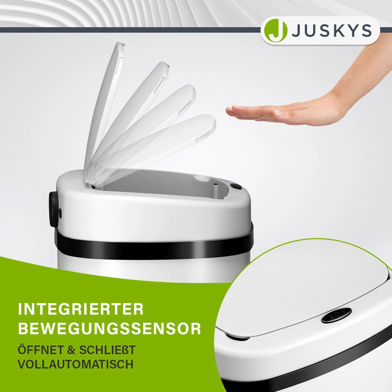 Juskys Automatik Mülleimer mit Sensor 50L - Abfalleimer mit elektrischem Deckel rechteckig - Weiß