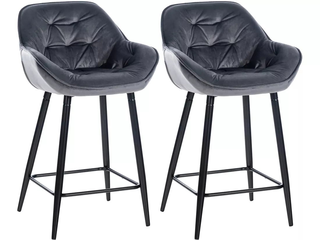Lot de 2 Tabourets de bar - Velours & Métal noir mat - Gris foncé - Gibson 76