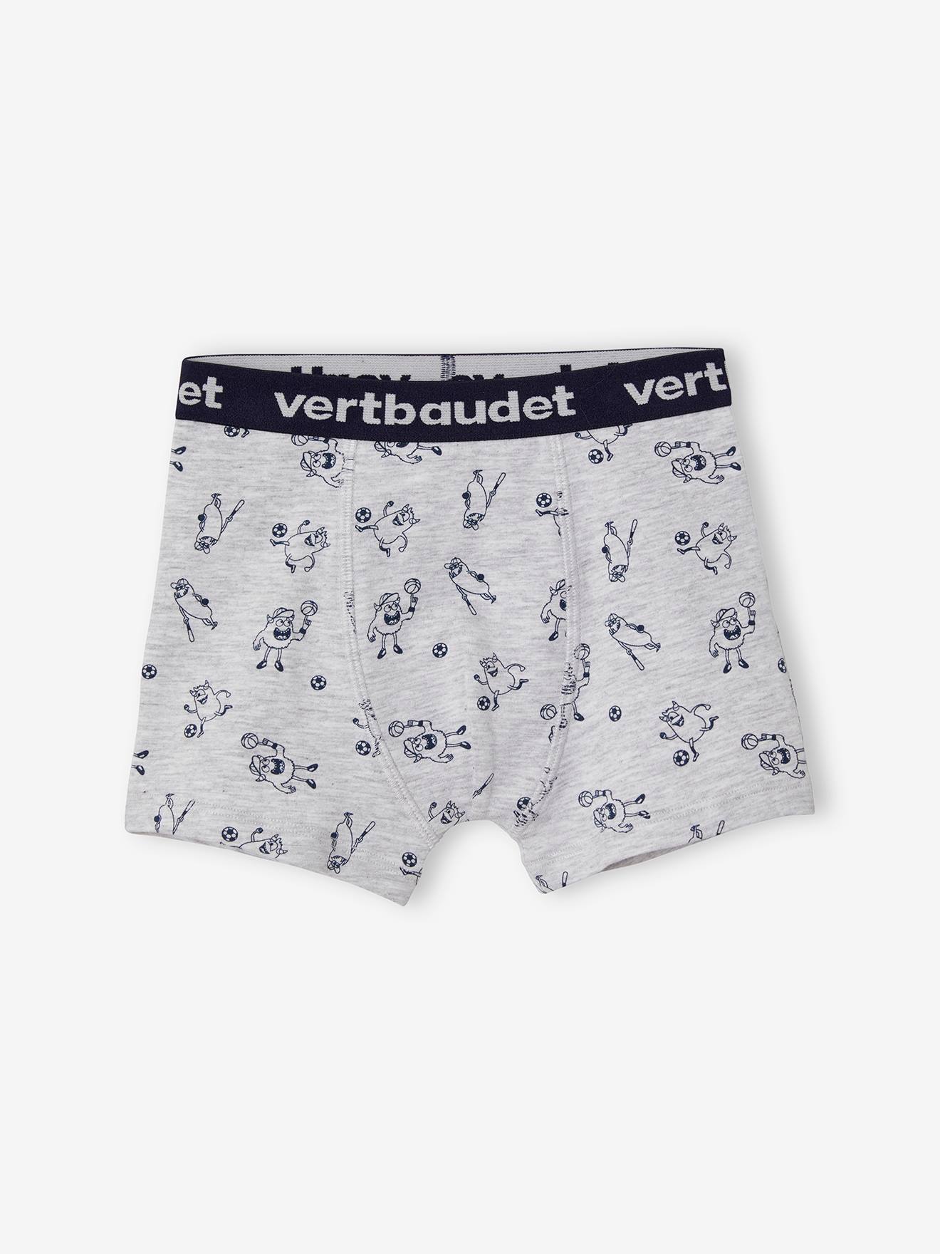 Pacote com 5 cuecas boxer elásticas com estampa de monstros para meninos, lisas, azul-escuras com detalhes.