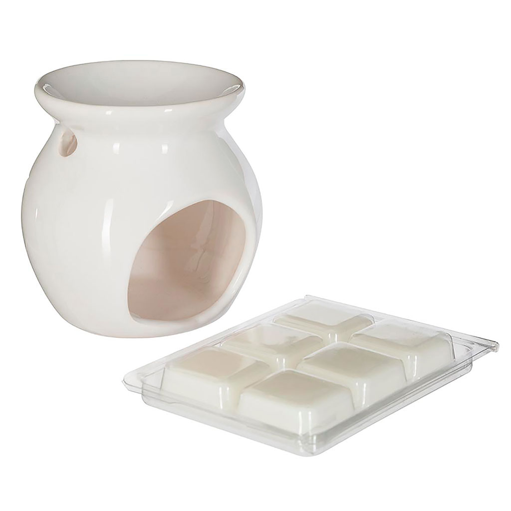 Brûle-parfum blanc en grès et carrés de cire parfumée vanille 30g