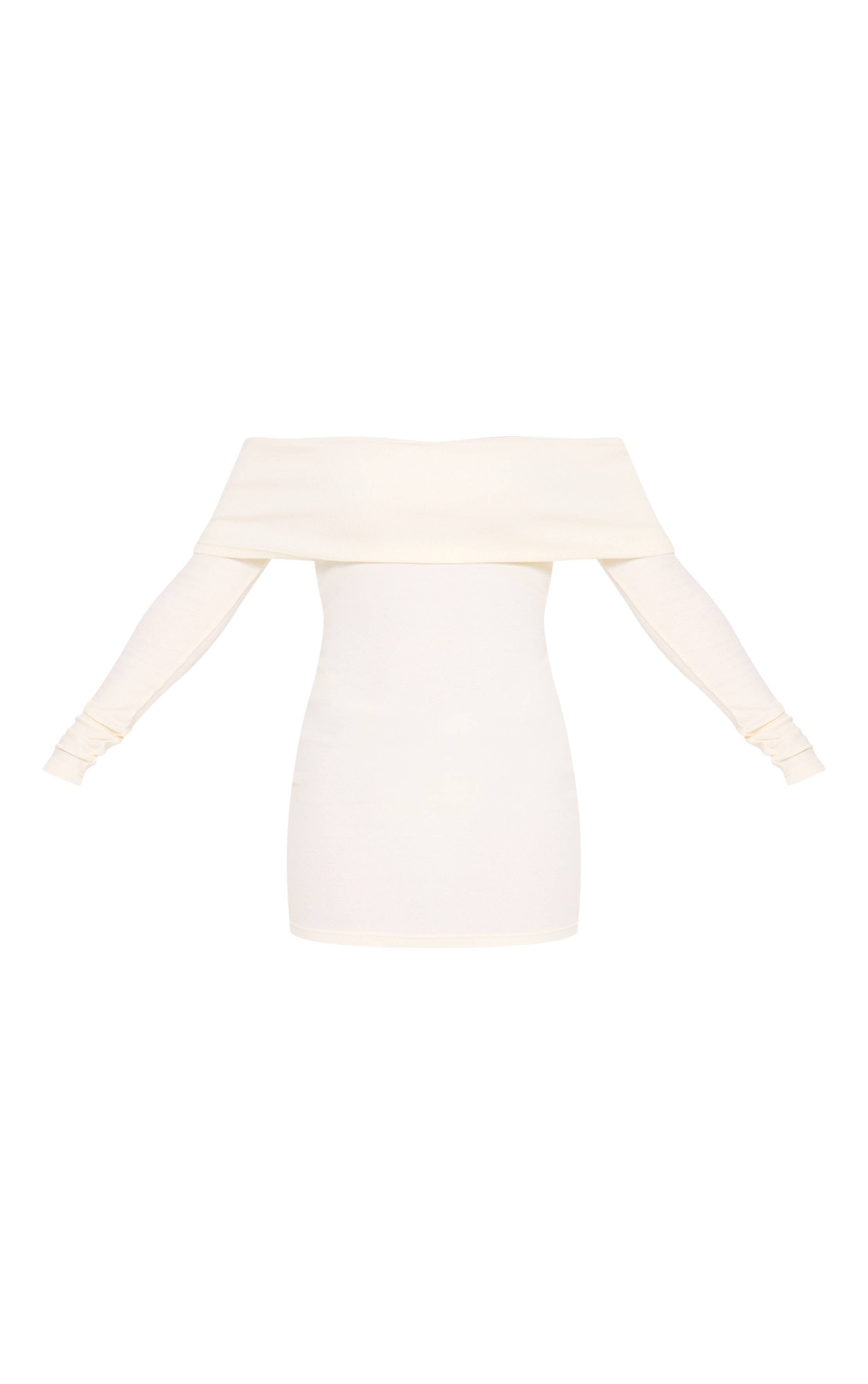Crème Robe Moulante Côtelée À Épaules Dénudées Bardot Et Manches Longues