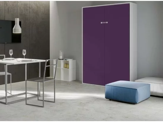 Lit escamotable vertical frêne blanc et porte violet kanto 140x190