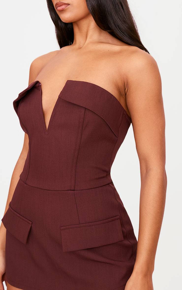 Dark Wine Combinaison-short Bandeau À Détail Corset En Tissu Structuré Tissé