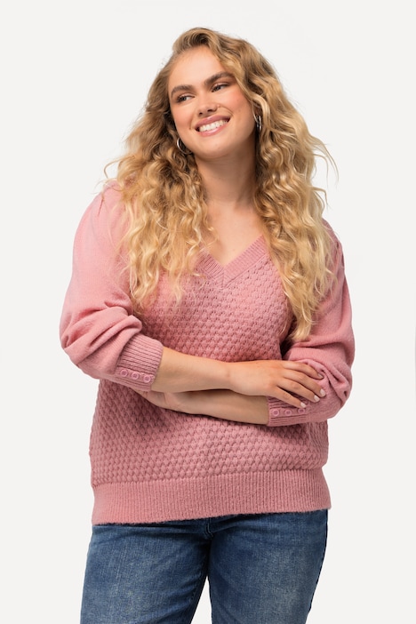 Pullover, Zierfalten, Zierknöpfe, V-Ausschnitt, Langarm