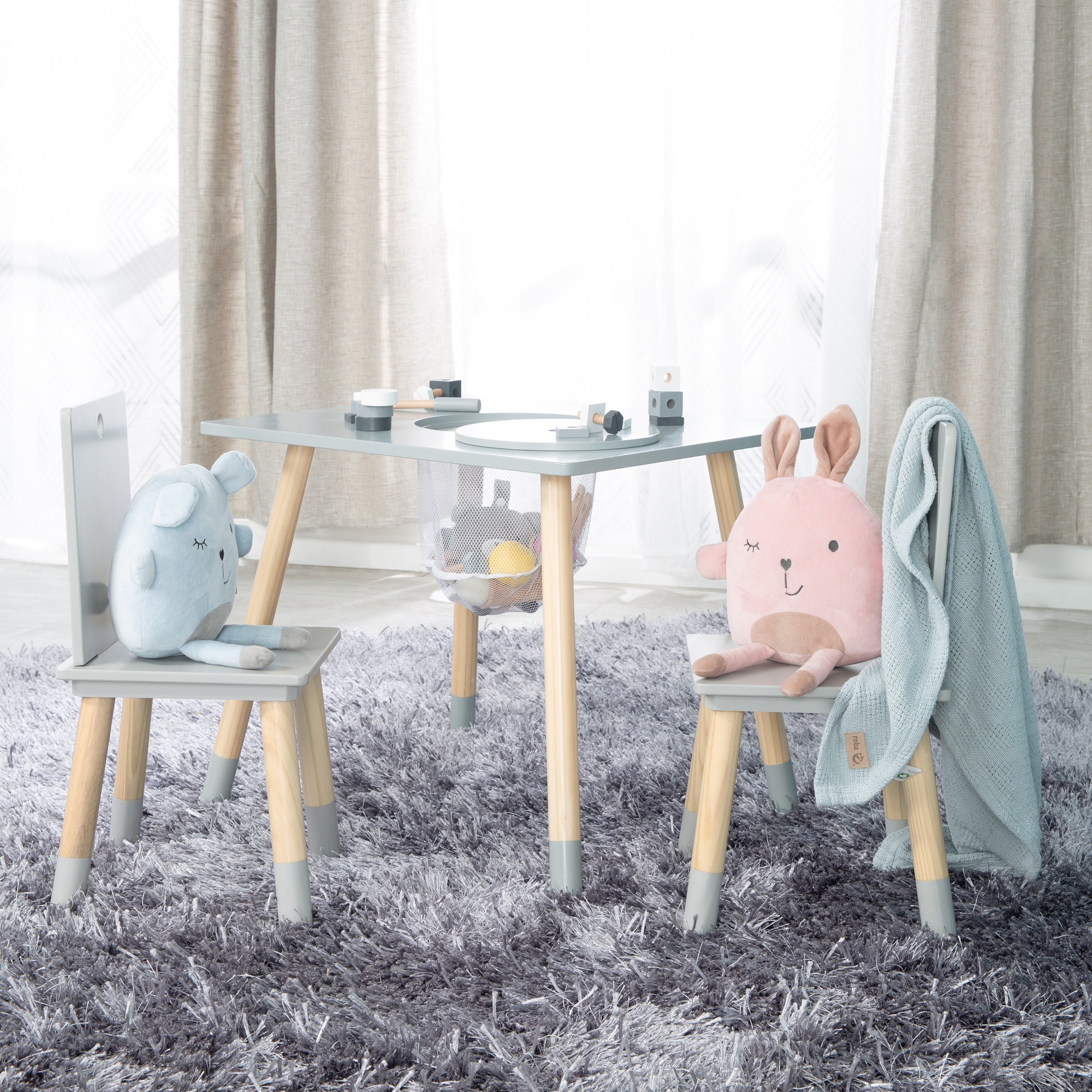 roba® Kindersitzgruppe »Sitzgruppe mit Aufbewahrungsnetz, grau« aus Holz
