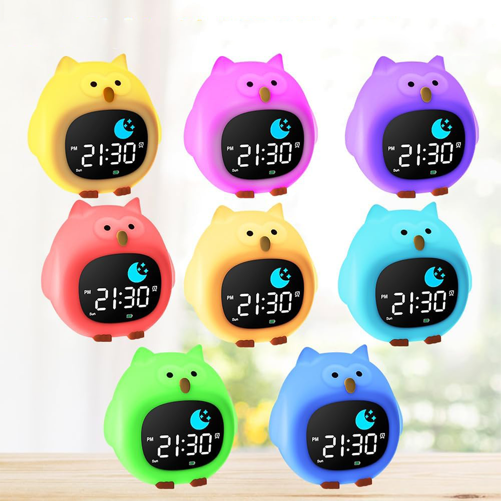 (11x11cm) 3in1 Silikon Wecker Kinder LED Nachtlicht Schlaf Trainer Uhr mit Sonne / Mond - Eule