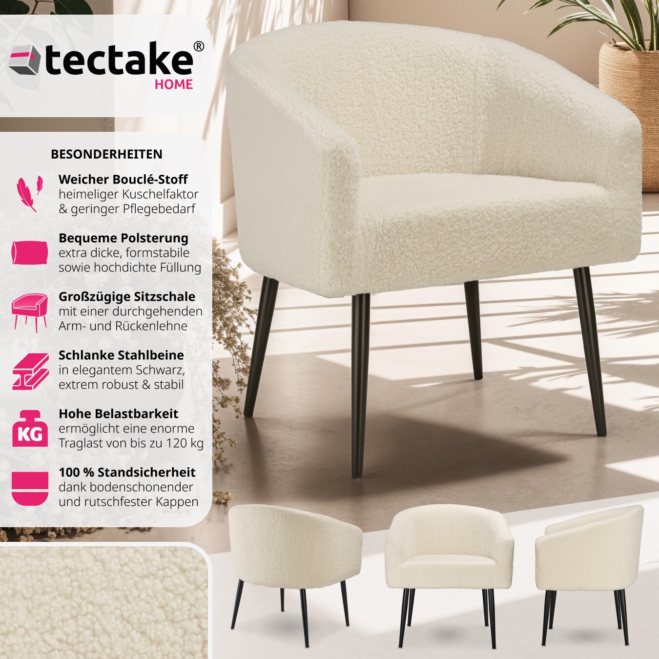 tectake® Sessel, gepolstert, mit Bouclé-Bezug, runde Stahlbeine, 120 kg Belastbarkeit, 68 x 62 x 77 cm