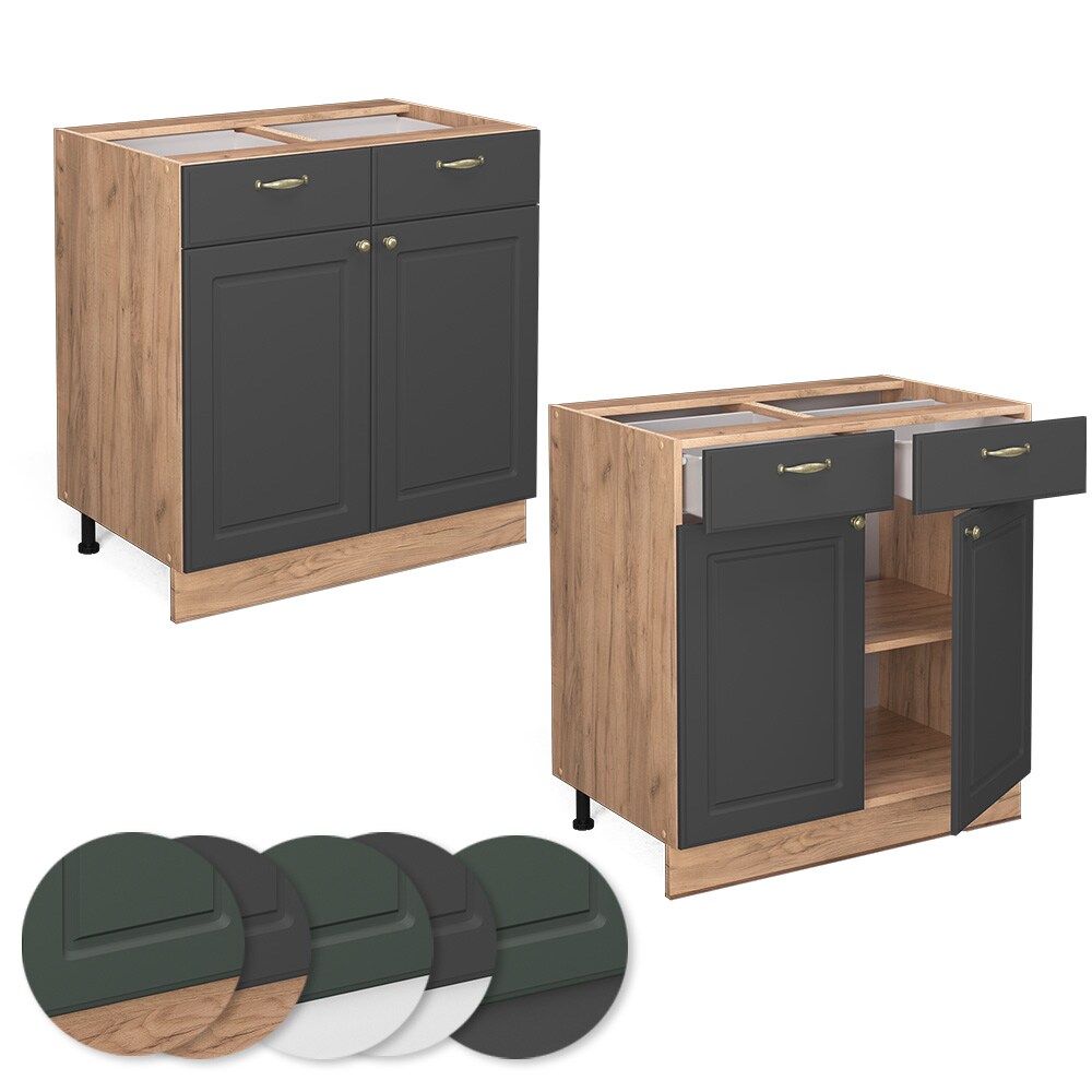 Vicco Schubunterschrank Küchenschrank Küchenmöbel Fame-Line Eiche Anthrazit-Gold Landhaus 80 cm Küche Einbauküche Drehtür Schublade Einlegeboden Blende Küchenzeile