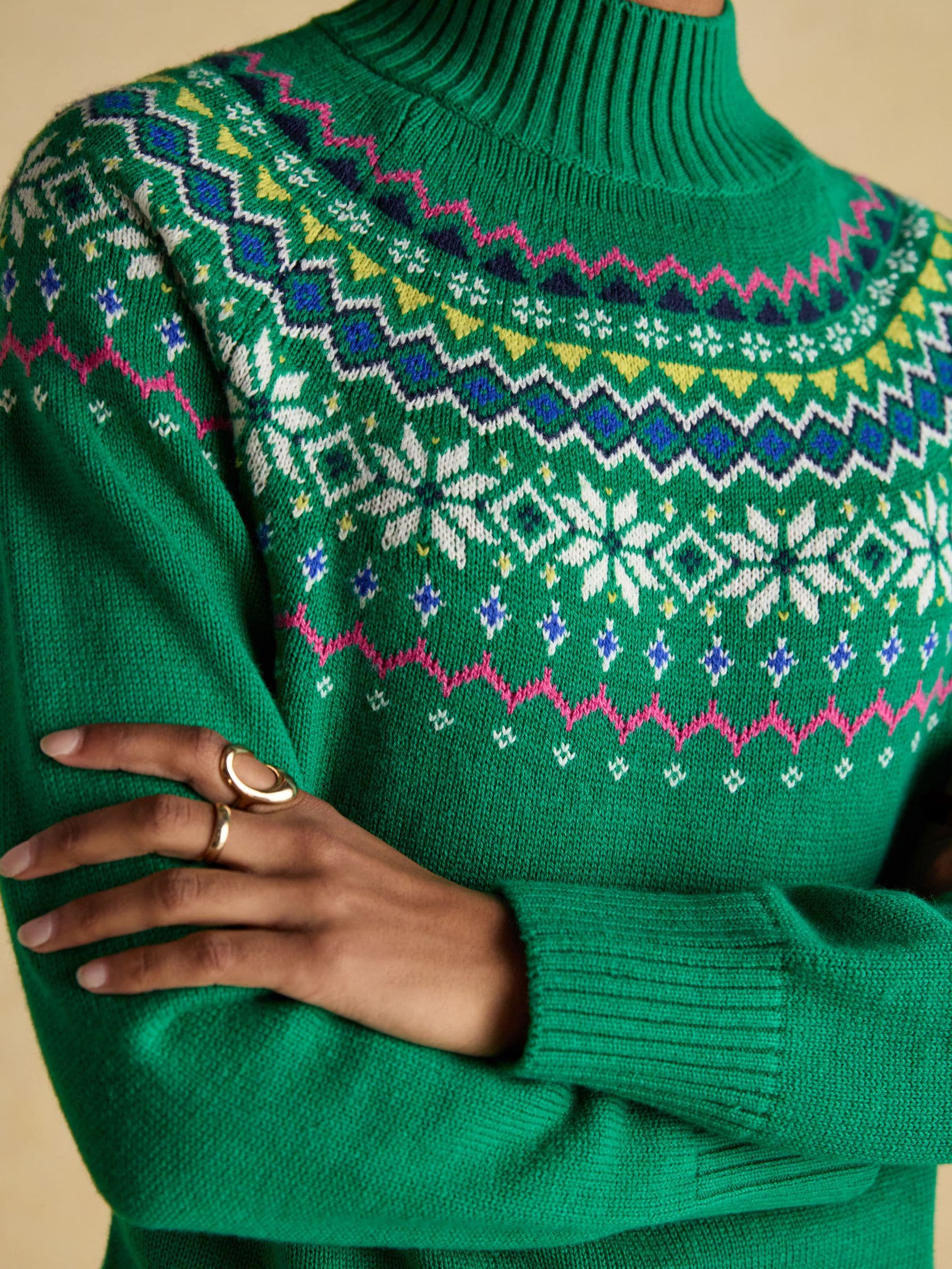 Groen - Joules Alba Fair Isle High Neck Cotton-Blend Jumper